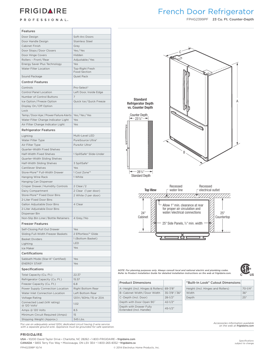 French door refrigerator | FRIGIDAIRE FPHG2399PF User Manual | Page 2 / 4