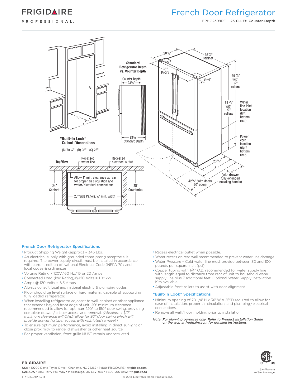French door refrigerator | FRIGIDAIRE FPHG2399PF User Manual | Page 3 / 4