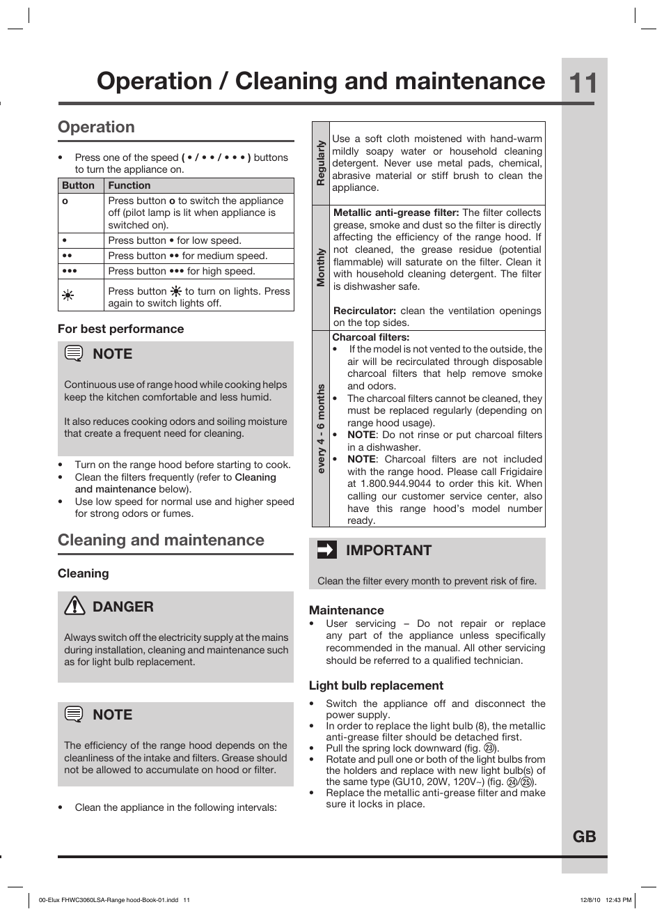 Gb operation, Cleaning and maintenance, Danger | Important | FRIGIDAIRE FHWC3660LS User Manual | Page 11 / 13