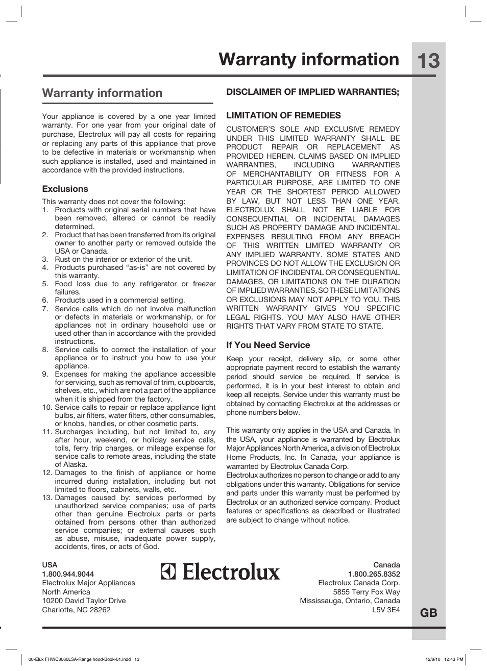 Environmental protection, Warranty information | FRIGIDAIRE FHWC3660LS User Manual | Page 13 / 13