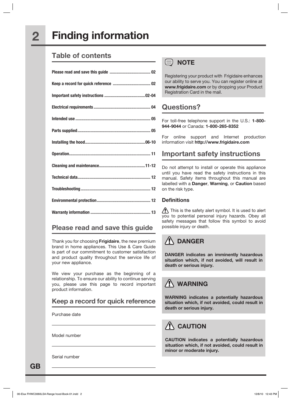 Important safety instructions finding information, Gb table of contents, Questions | Important safety instructions, Please read and save this guide, Keep a record for quick reference | FRIGIDAIRE FHWC3660LS User Manual | Page 2 / 13