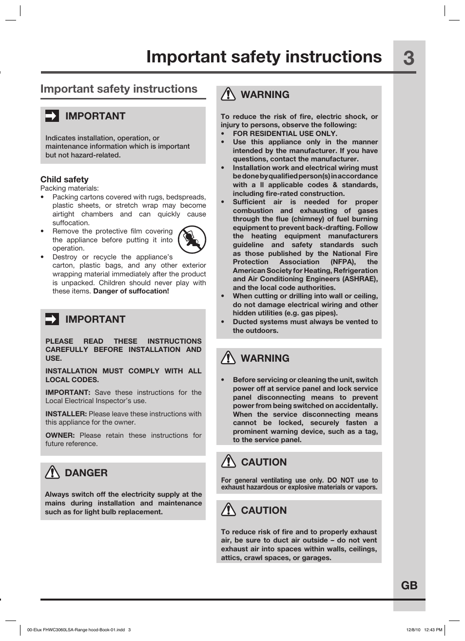 Important safety instructions finding information, Gb questions, Important safety instructions | Important, Danger, Warning, Caution | FRIGIDAIRE FHWC3660LS User Manual | Page 3 / 13