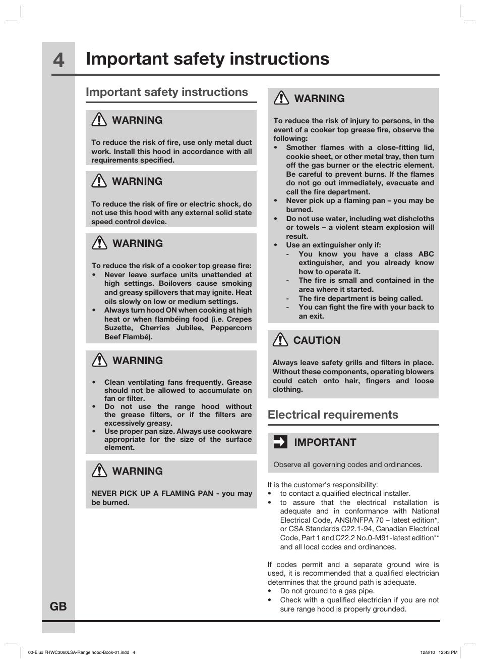 Important safety instructions installing the hood, Gb important safety instructions, Electrical requirements | Intended use, Parts supplied, Warning, Caution, Important | FRIGIDAIRE FHWC3660LS User Manual | Page 4 / 13