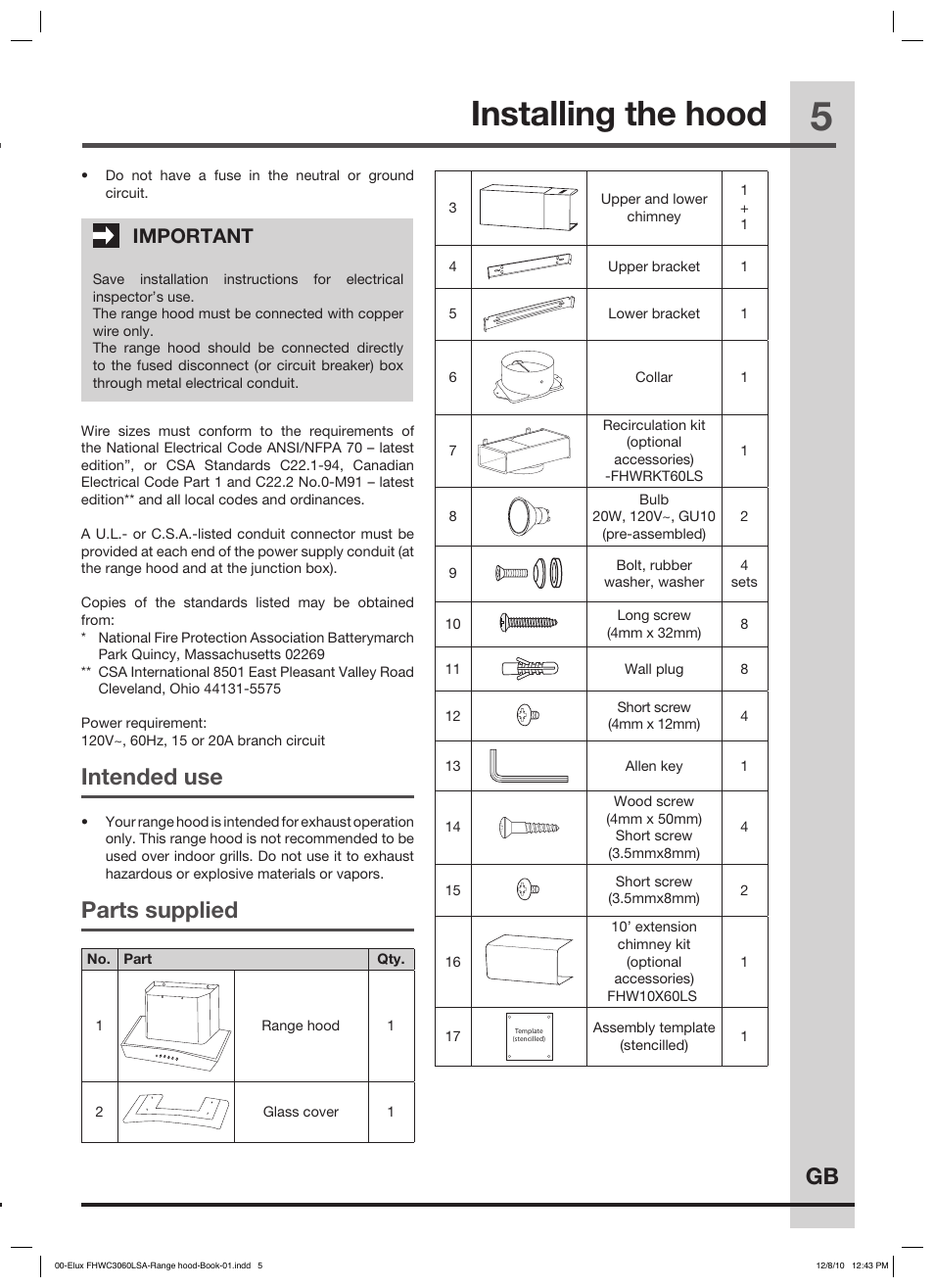 Important safety instructions installing the hood, Electrical requirements, Intended use | Parts supplied, Important | FRIGIDAIRE FHWC3660LS User Manual | Page 5 / 13