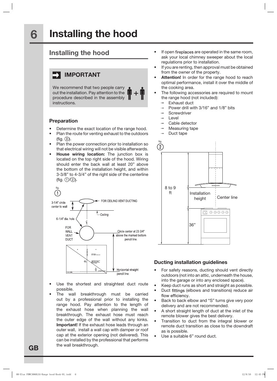 Installing the hood, Gb installing the hood, Important | FRIGIDAIRE FHWC3660LS User Manual | Page 6 / 13