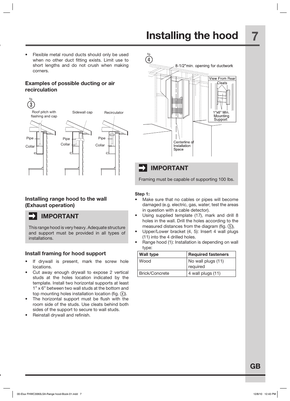Installing the hood, Important | FRIGIDAIRE FHWC3660LS User Manual | Page 7 / 13