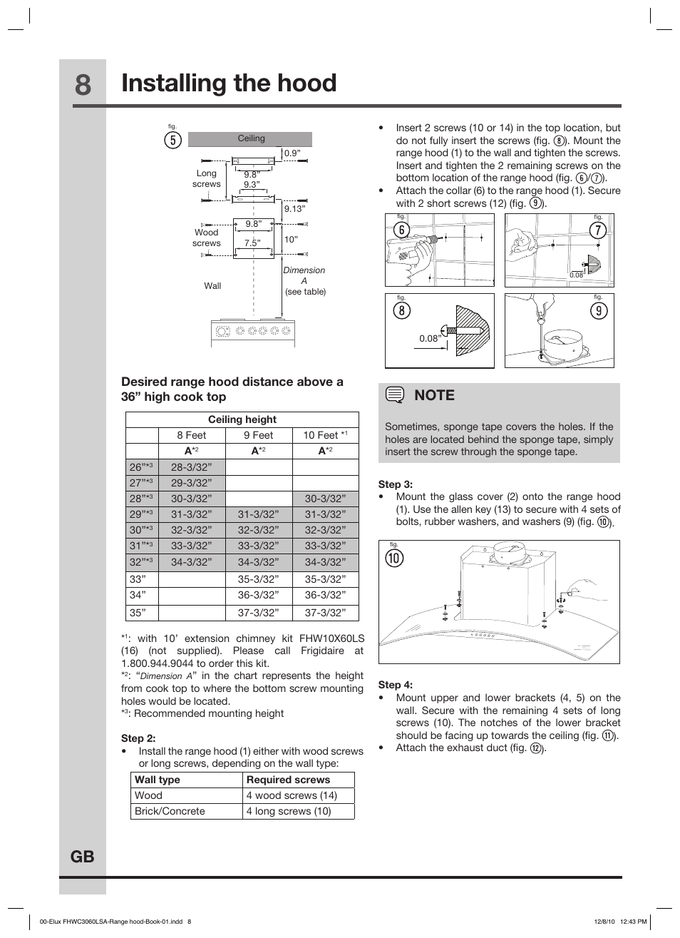 Installing the hood, Electrical connections | FRIGIDAIRE FHWC3660LS User Manual | Page 8 / 13