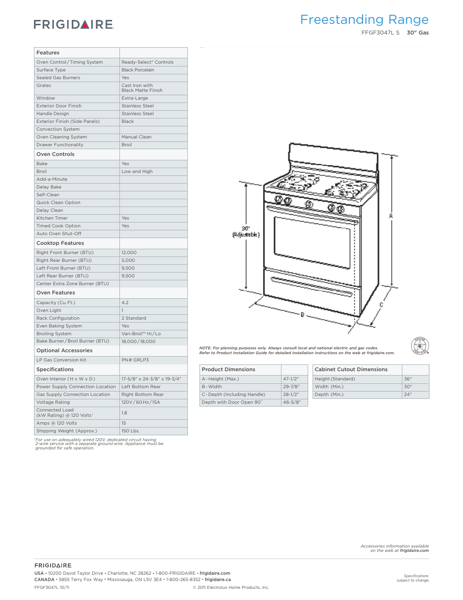 Freestanding range | FRIGIDAIRE FFGF3047LS User Manual | Page 2 / 7