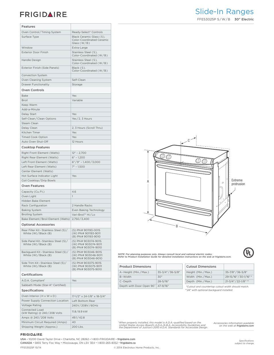 Slide-in electric ranges frigidaire baseline, Slide-in ranges | FRIGIDAIRE FFES3025PB User Manual | Page 2 / 7