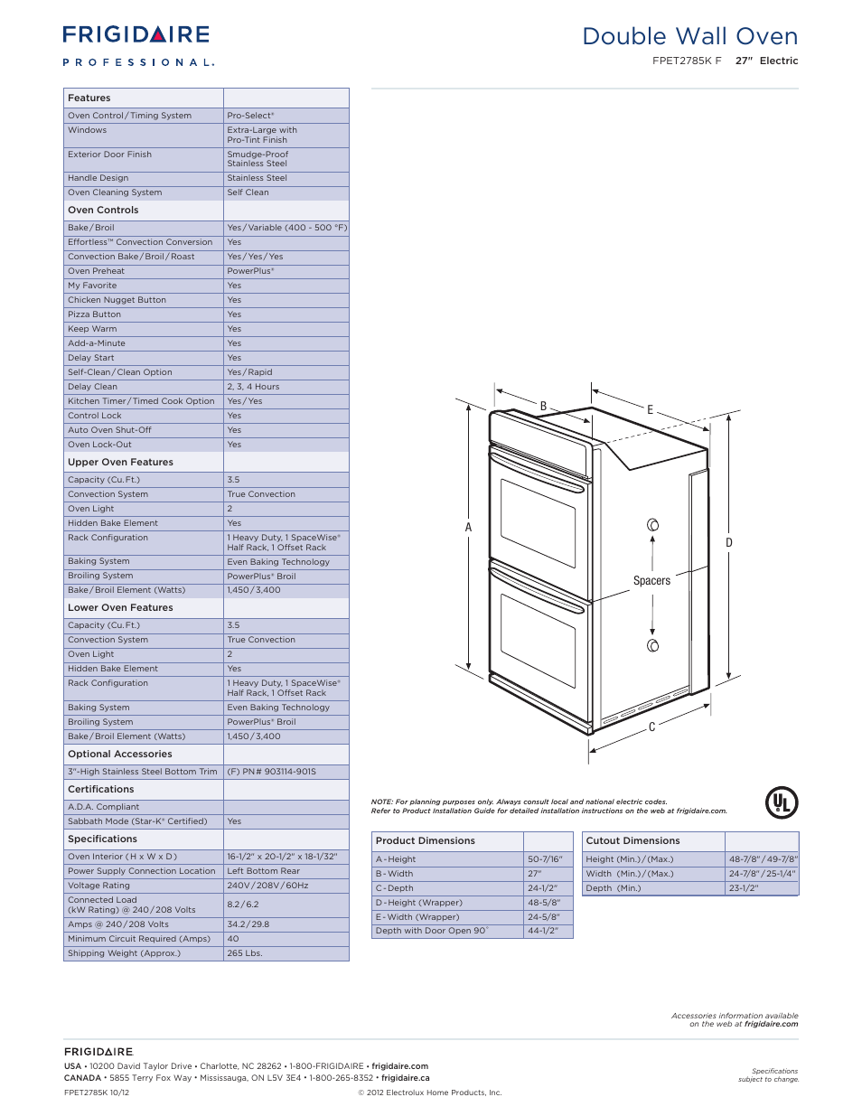 Double electric wall ovens frigidaire baseline, Double wall oven | FRIGIDAIRE FPET2785KF User Manual | Page 2 / 6