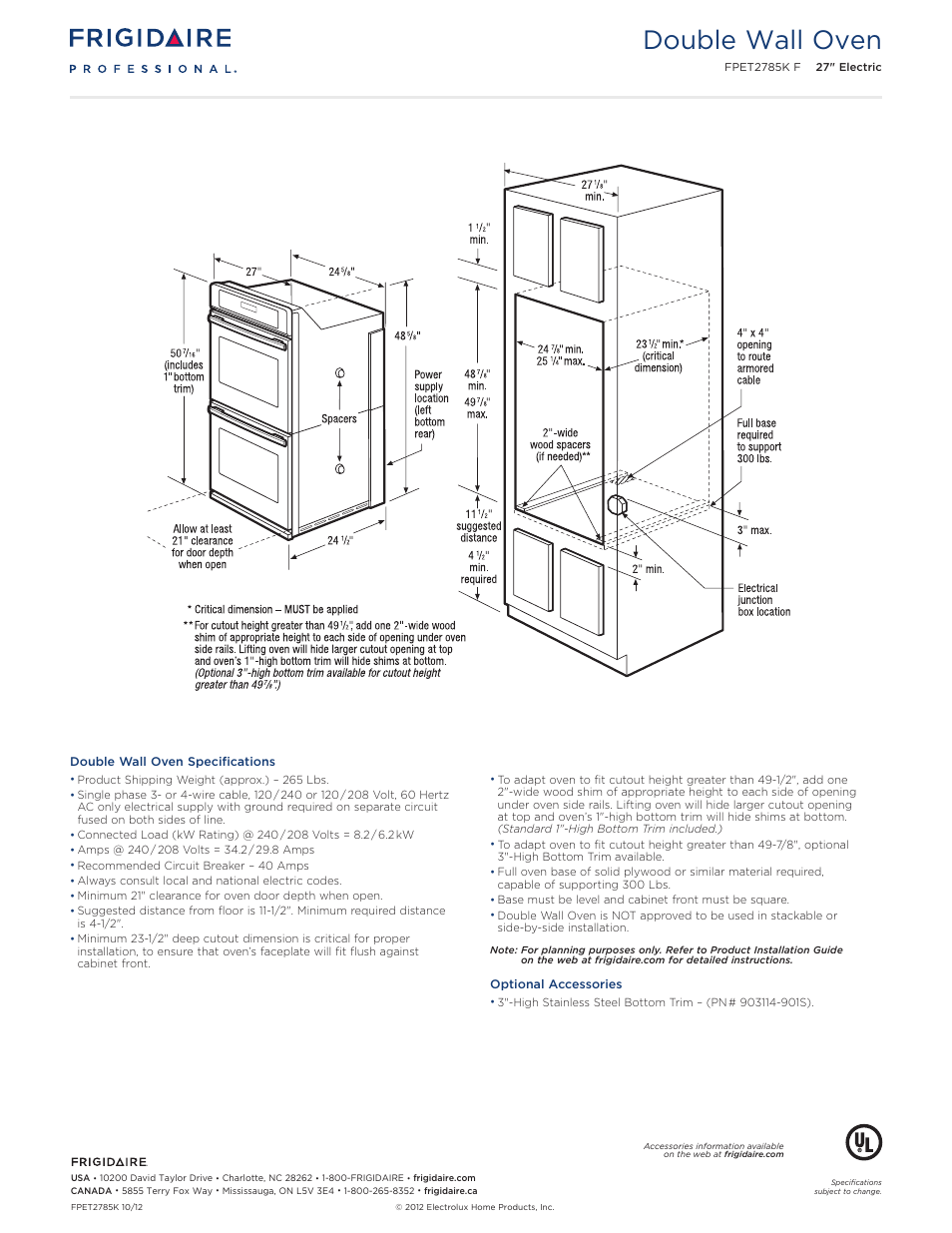 27" double electric wall oven professional, Double wall oven | FRIGIDAIRE FPET2785KF User Manual | Page 3 / 6