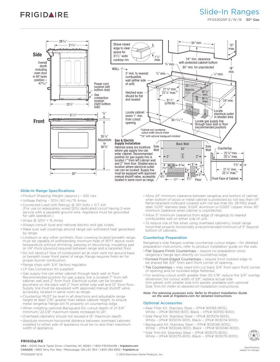 30" gas slide-in range baseline, Slide-in ranges | FRIGIDAIRE FFGS3025PB User Manual | Page 3 / 7