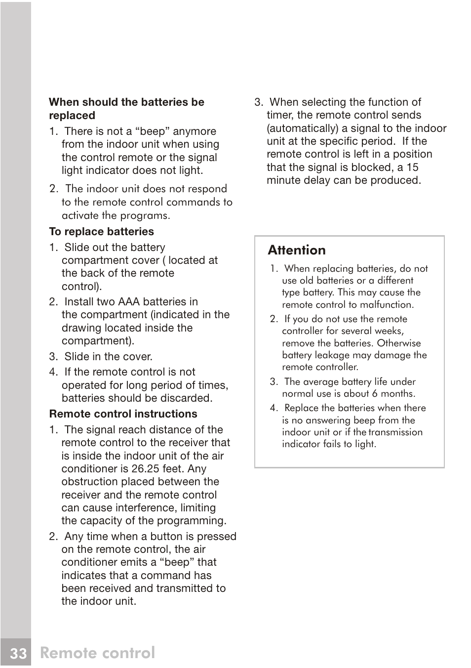 Remote control, Attention | FRIGIDAIRE FRS093LS1 User Manual | Page 11 / 28