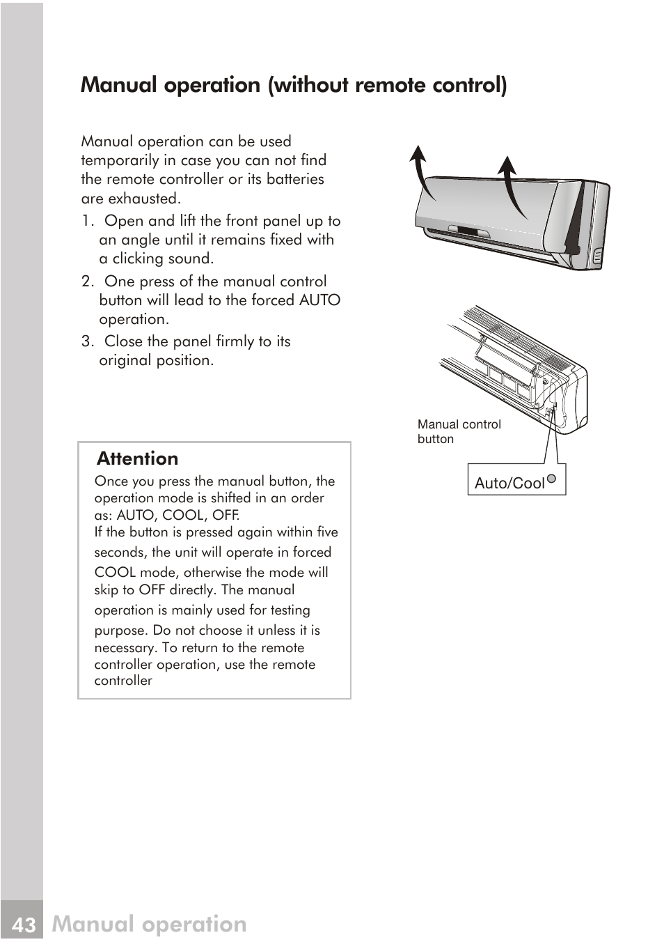 Manual operation, Manual operation (without remote control), Attention | FRIGIDAIRE FRS093LS1 User Manual | Page 21 / 28