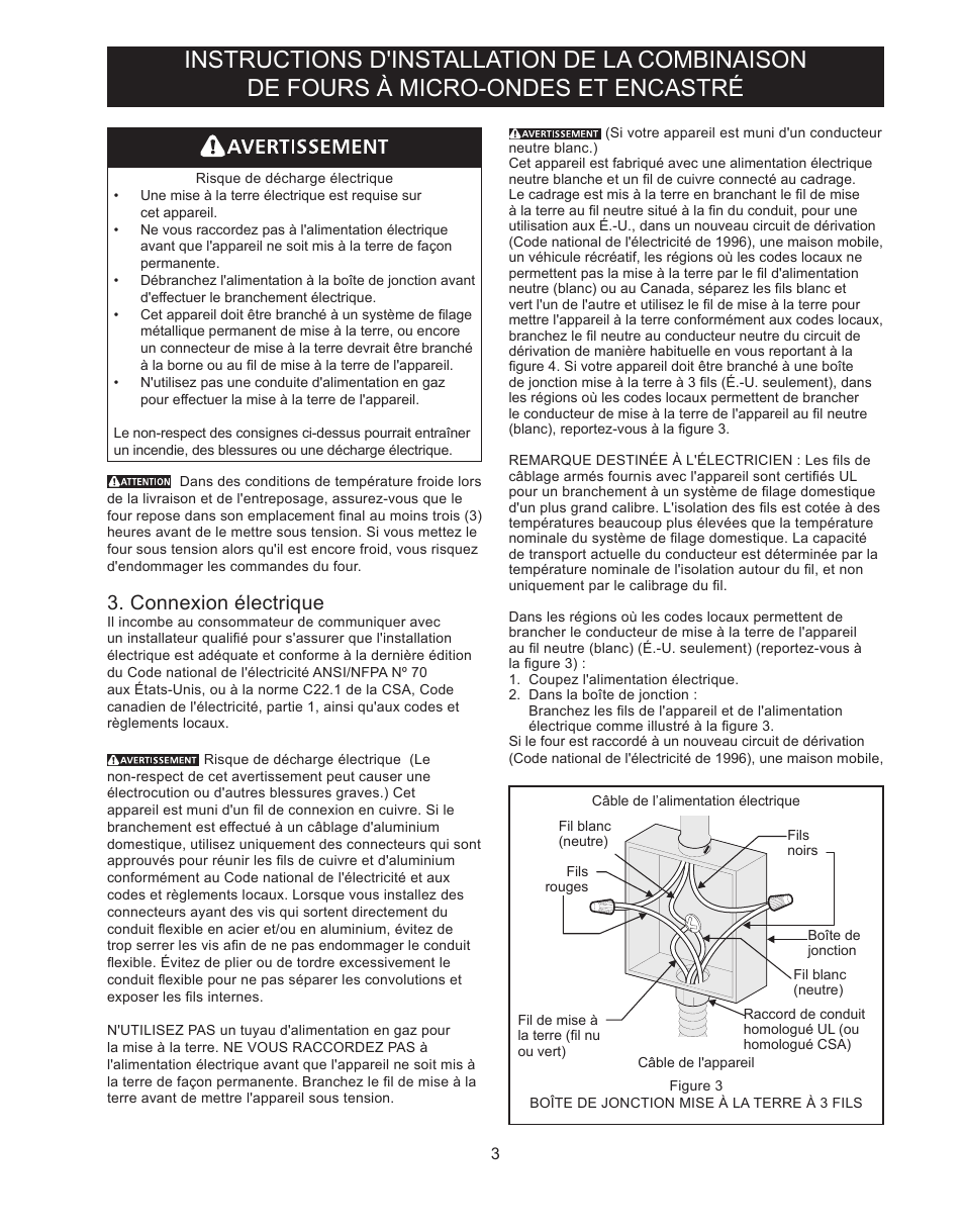 Connexion électrique | FRIGIDAIRE FGMC3065PB User Manual | Page 15 / 18