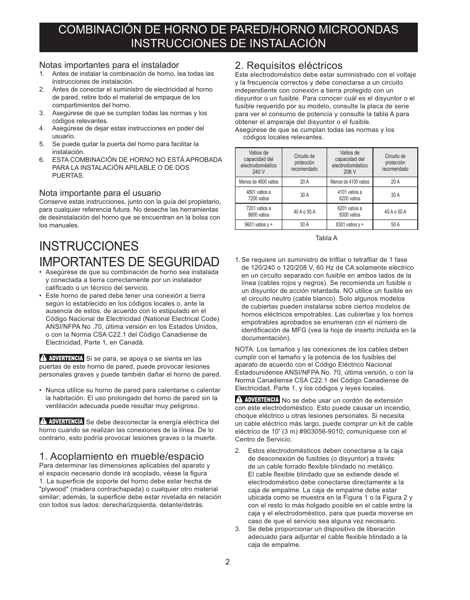 Instrucciones importantes de seguridad, Acoplamiento en mueble/espacio, Requisitos eléctricos | Notas importantes para el instalador, Nota importante para el usuario | FRIGIDAIRE FGMC3065PB User Manual | Page 8 / 18