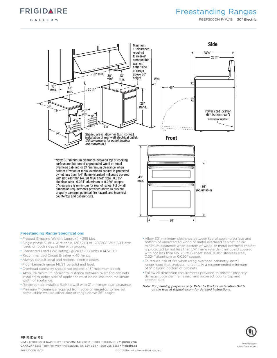 Freestanding ranges | FRIGIDAIRE FGEF300DNW User Manual | Page 3 / 7