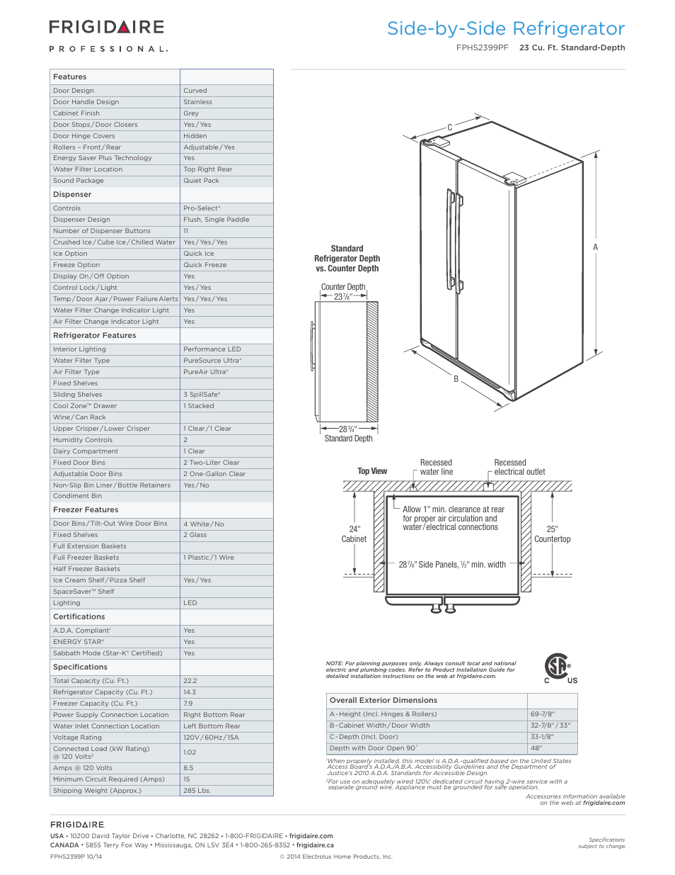 Side-by-side refrigerator | FRIGIDAIRE FPHS2399PF User Manual | Page 2 / 4