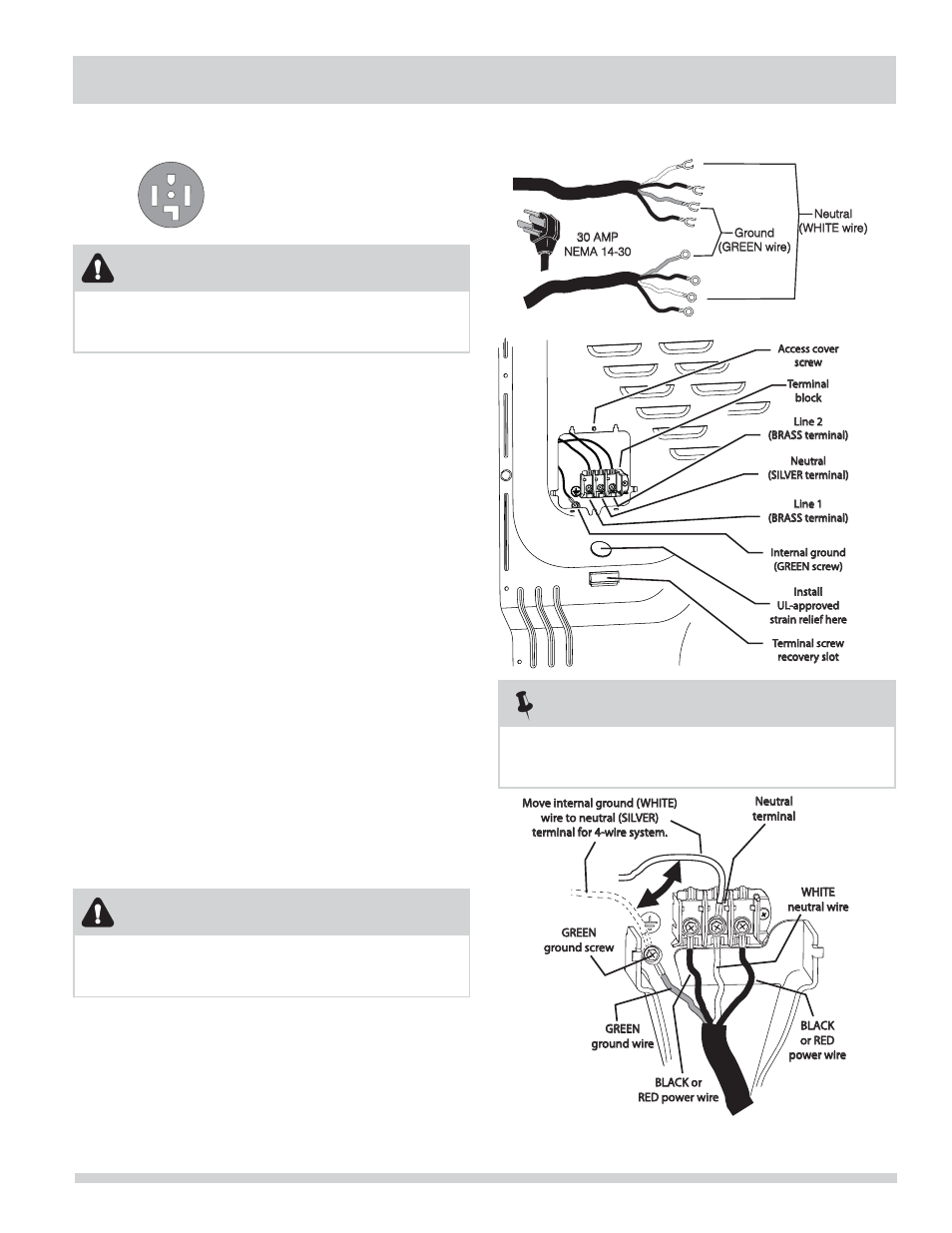 Installation instructions, Warning, Wire receptacle (nema type 14-30r) | Electrical connection (non-canada) - 4 wire cord | FRIGIDAIRE FARE4044MW User Manual | Page 15 / 40
