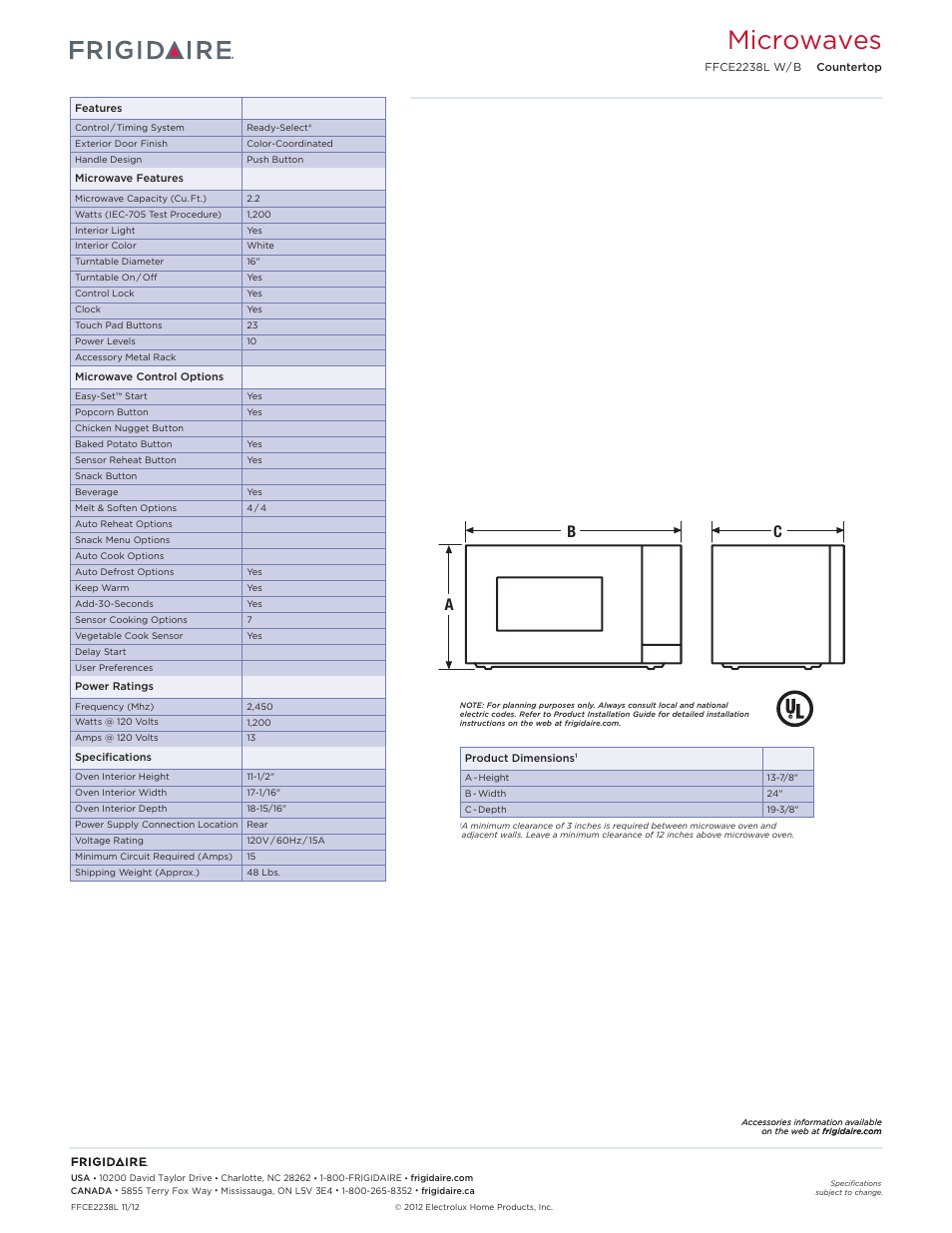 Countertop microwave frigidaire baseline, Microwaves, Cb a | FRIGIDAIRE FFCE2238LB User Manual | Page 2 / 2