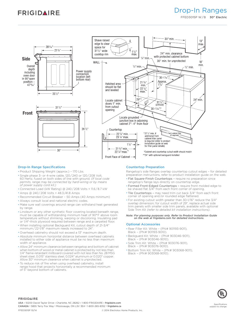 30" electric drop-in range frig baseline, Drop-in ranges | FRIGIDAIRE FFED3015PB User Manual | Page 3 / 7