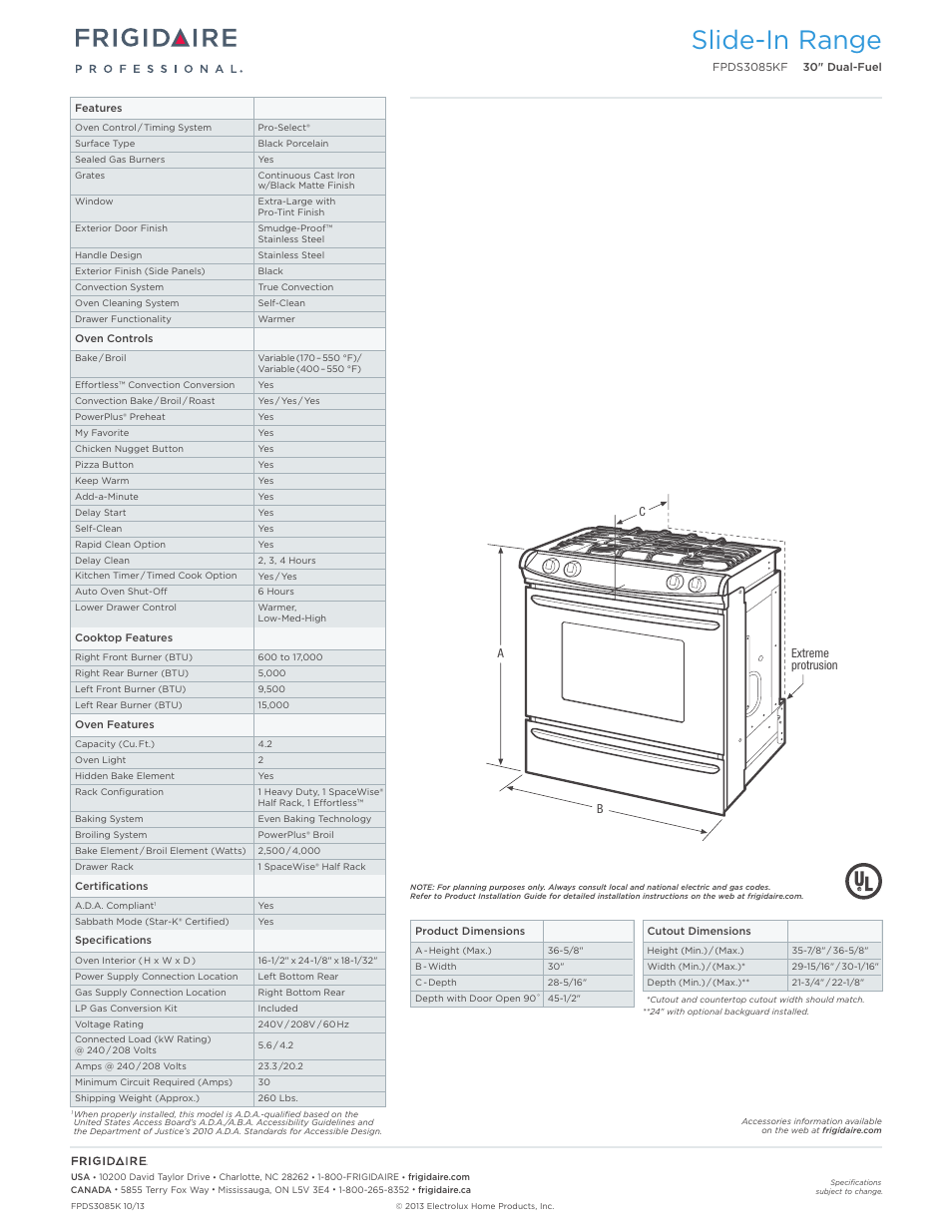 Slide-in gas ranges frigidaire baseline, Slide-in range | FRIGIDAIRE FPDS3085KF User Manual | Page 2 / 7