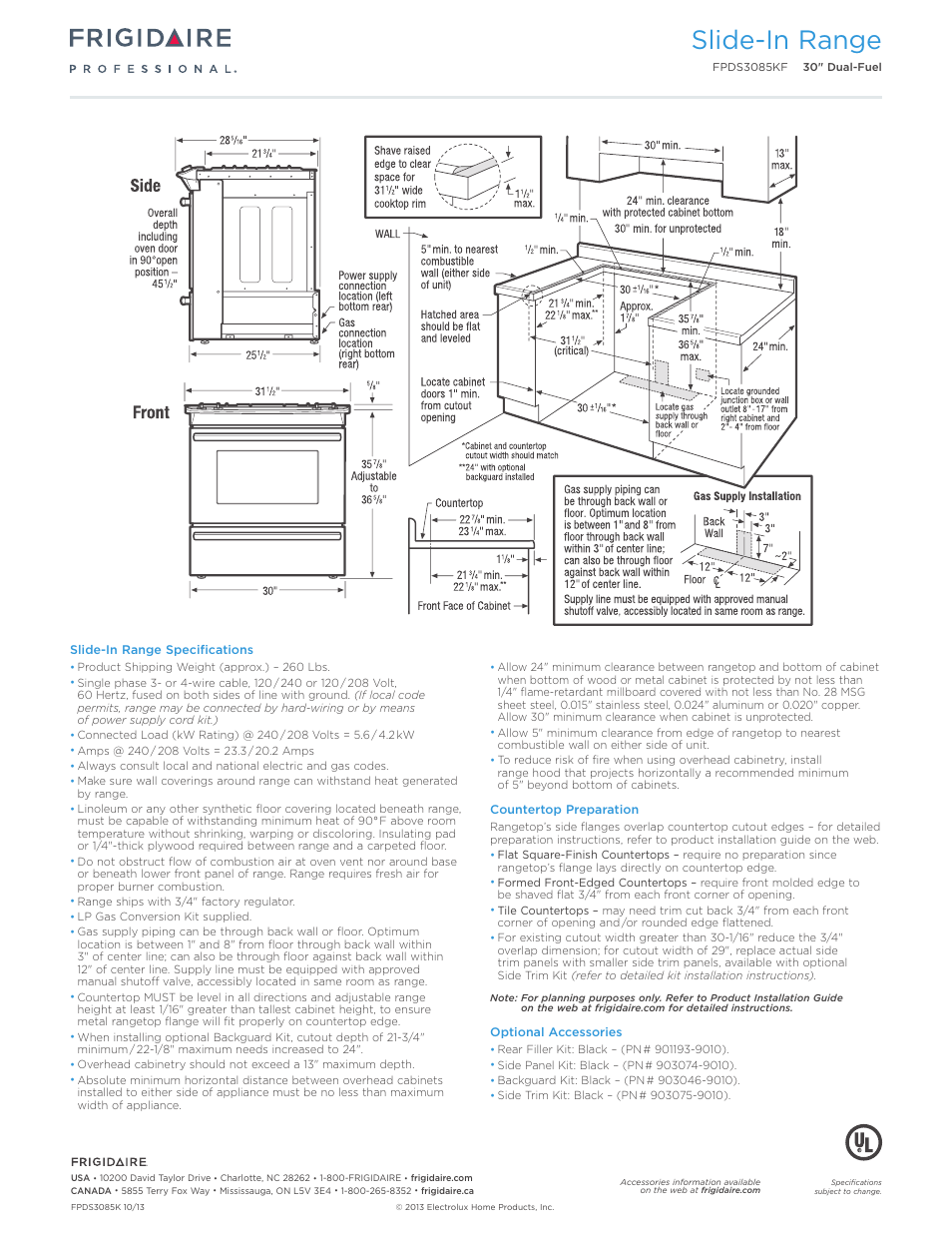 30" dual-fuel slide-in range professional, Slide-in range | FRIGIDAIRE FPDS3085KF User Manual | Page 3 / 7