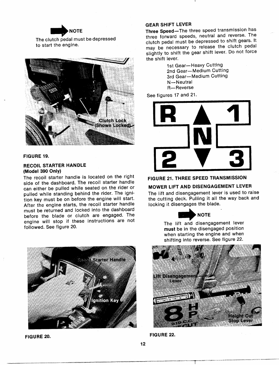 Note, Recoil starter handle (model 390 only), Gear shift lever | Figure 21. three speed transmission, Mower lift and disengagement lever, Lift disengageme lever, B_ a 1 2 t 3, I w • x | Bolens 132-395A User Manual | Page 12 / 32