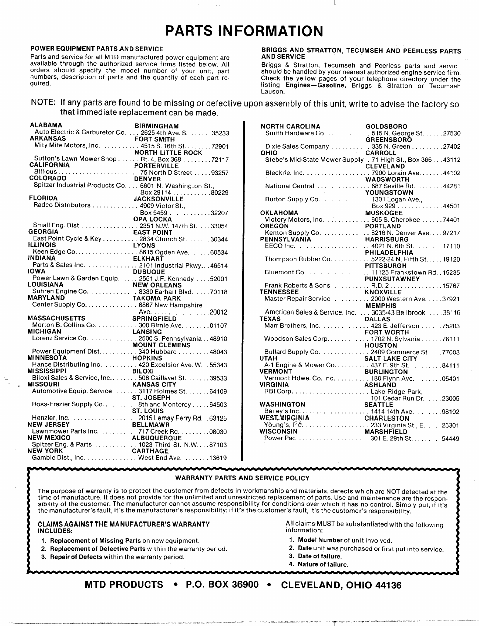 Parts information | Bolens 132-395A User Manual | Page 32 / 32