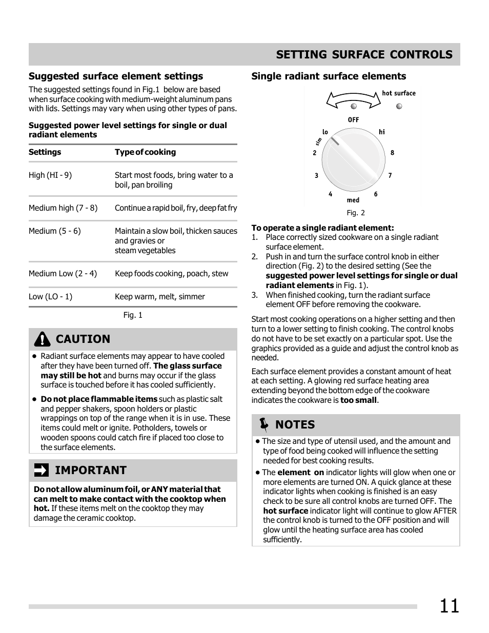 Setting surface controls important, Caution | FRIGIDAIRE FGEF3032MB User Manual | Page 11 / 36