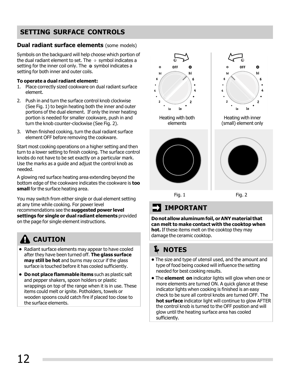 Setting surface controls, Important caution | FRIGIDAIRE FGEF3032MB User Manual | Page 12 / 36
