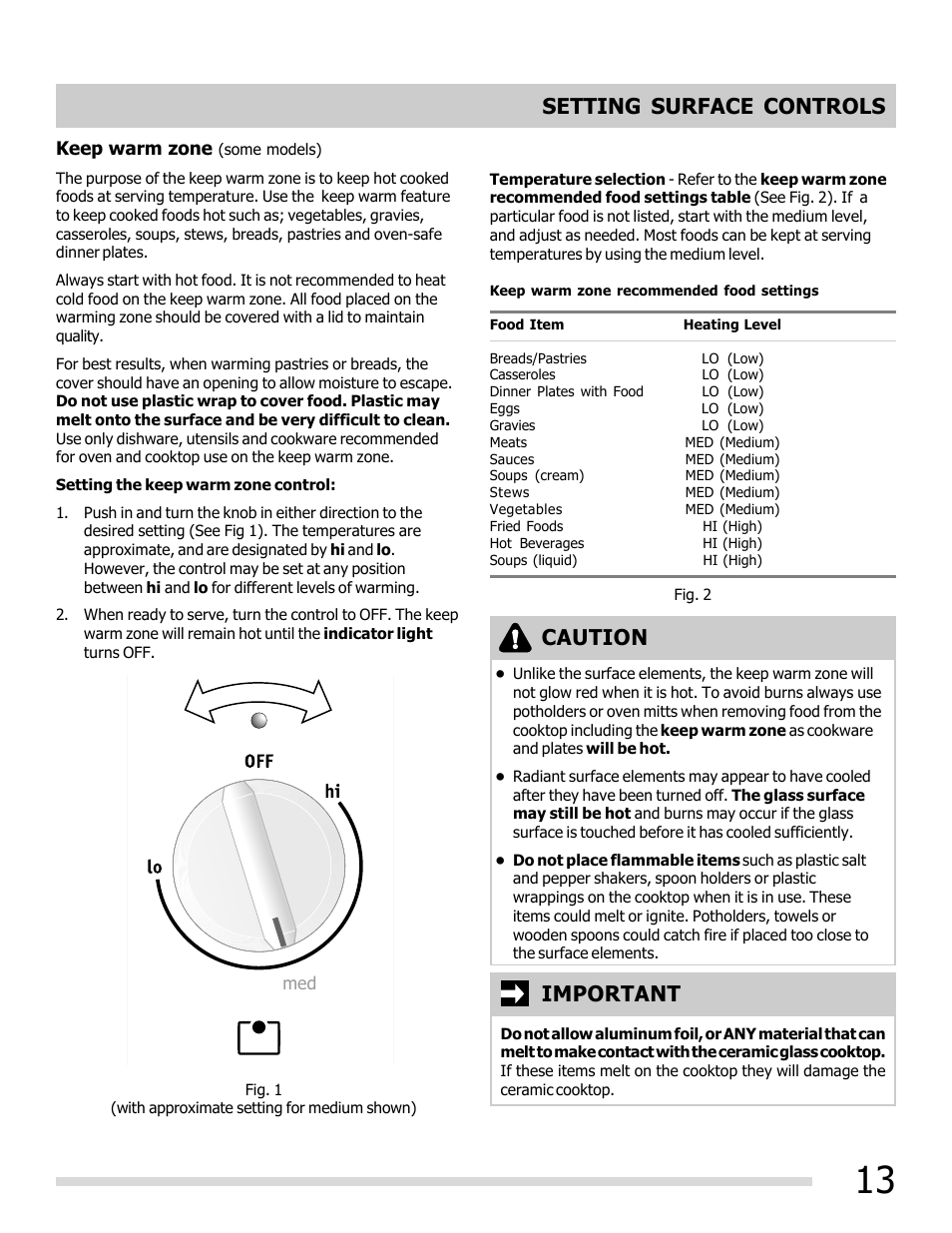 Setting surface controls, Important, Caution | FRIGIDAIRE FGEF3032MB User Manual | Page 13 / 36