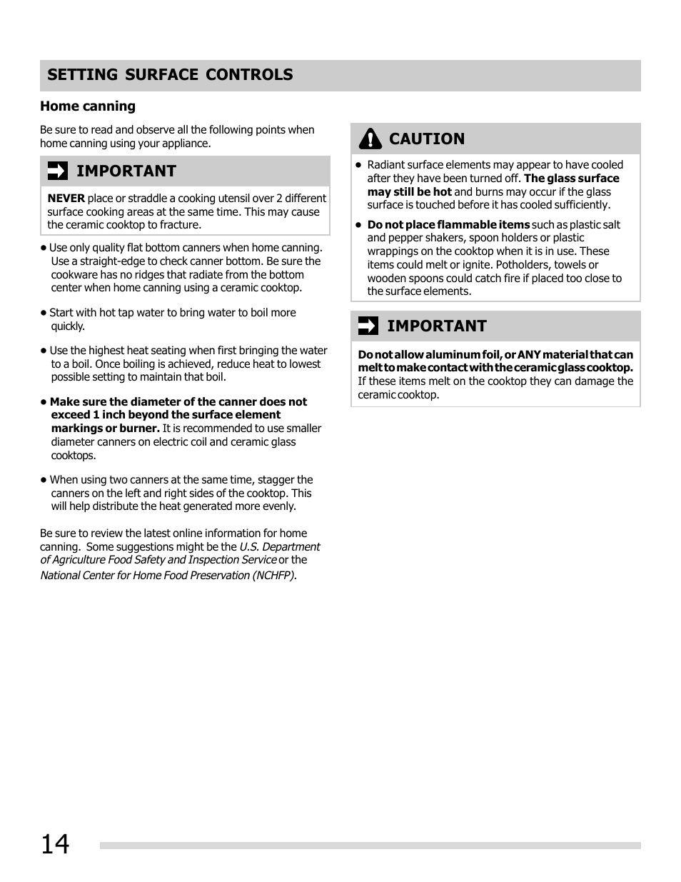 Setting surface controls important, Important, Caution | FRIGIDAIRE FGEF3032MB User Manual | Page 14 / 36