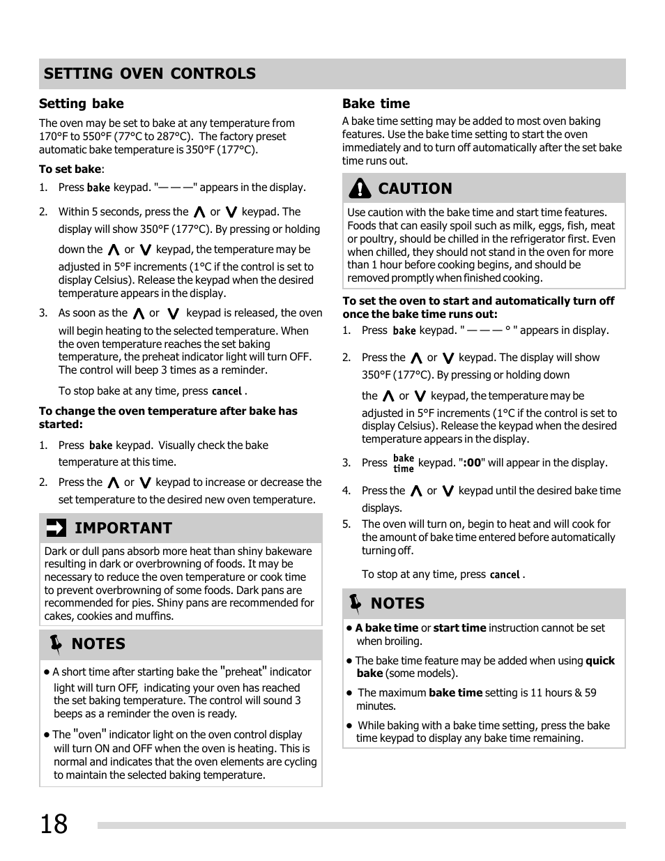 Setting oven controls, Important, Caution | FRIGIDAIRE FGEF3032MB User Manual | Page 18 / 36