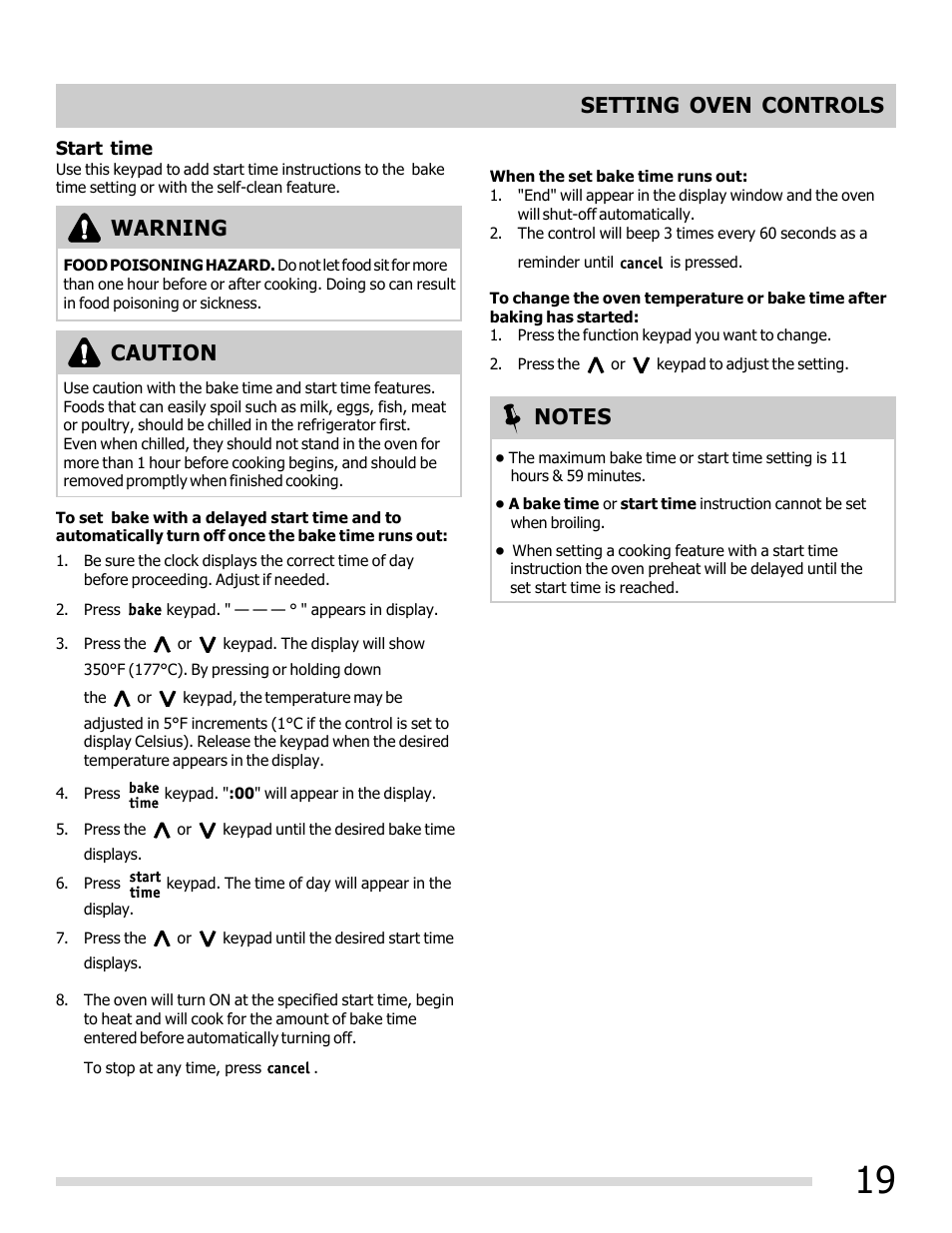 Setting oven controls, Caution warning | FRIGIDAIRE FGEF3032MB User Manual | Page 19 / 36
