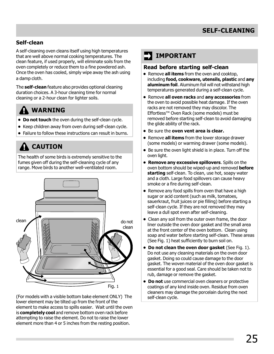 Self-cleaning, Important, Caution warning | FRIGIDAIRE FGEF3032MB User Manual | Page 25 / 36
