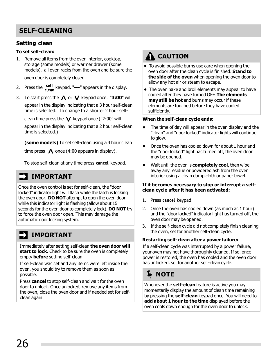 Self-cleaning, Important, Caution | FRIGIDAIRE FGEF3032MB User Manual | Page 26 / 36