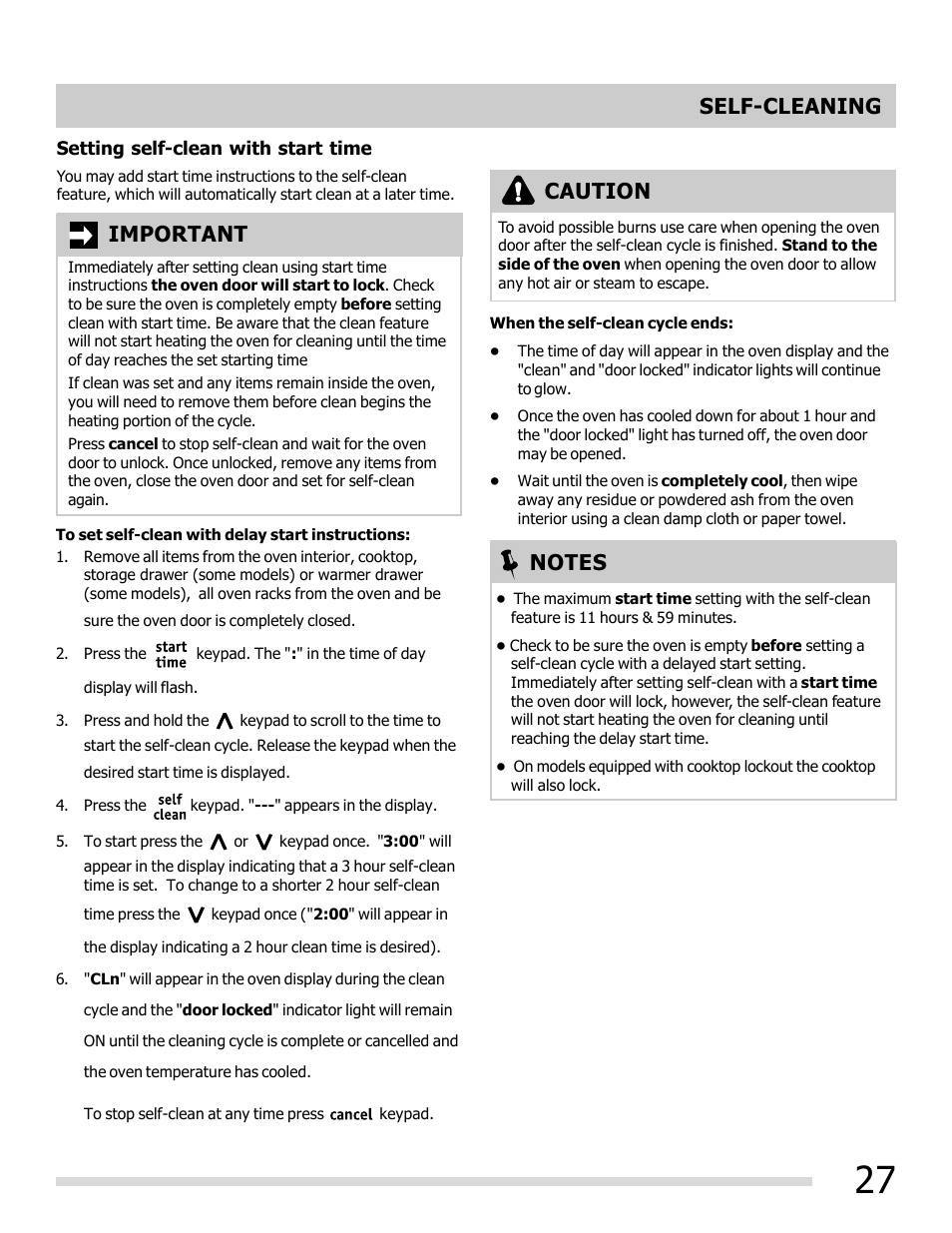Important, Self-cleaning caution | FRIGIDAIRE FGEF3032MB User Manual | Page 27 / 36