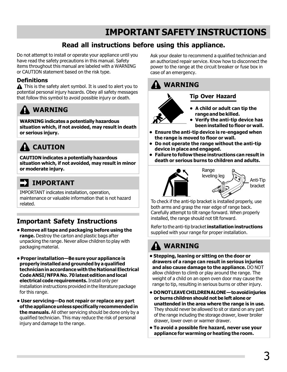 Important safety instructions, Read all instructions before using this appliance, Important | Caution warning warning warning | FRIGIDAIRE FGEF3032MB User Manual | Page 3 / 36