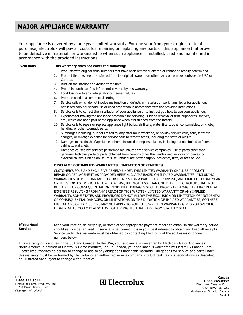 This page is left blank intentionally, Major appliance warranty | FRIGIDAIRE FGEF3032MB User Manual | Page 36 / 36