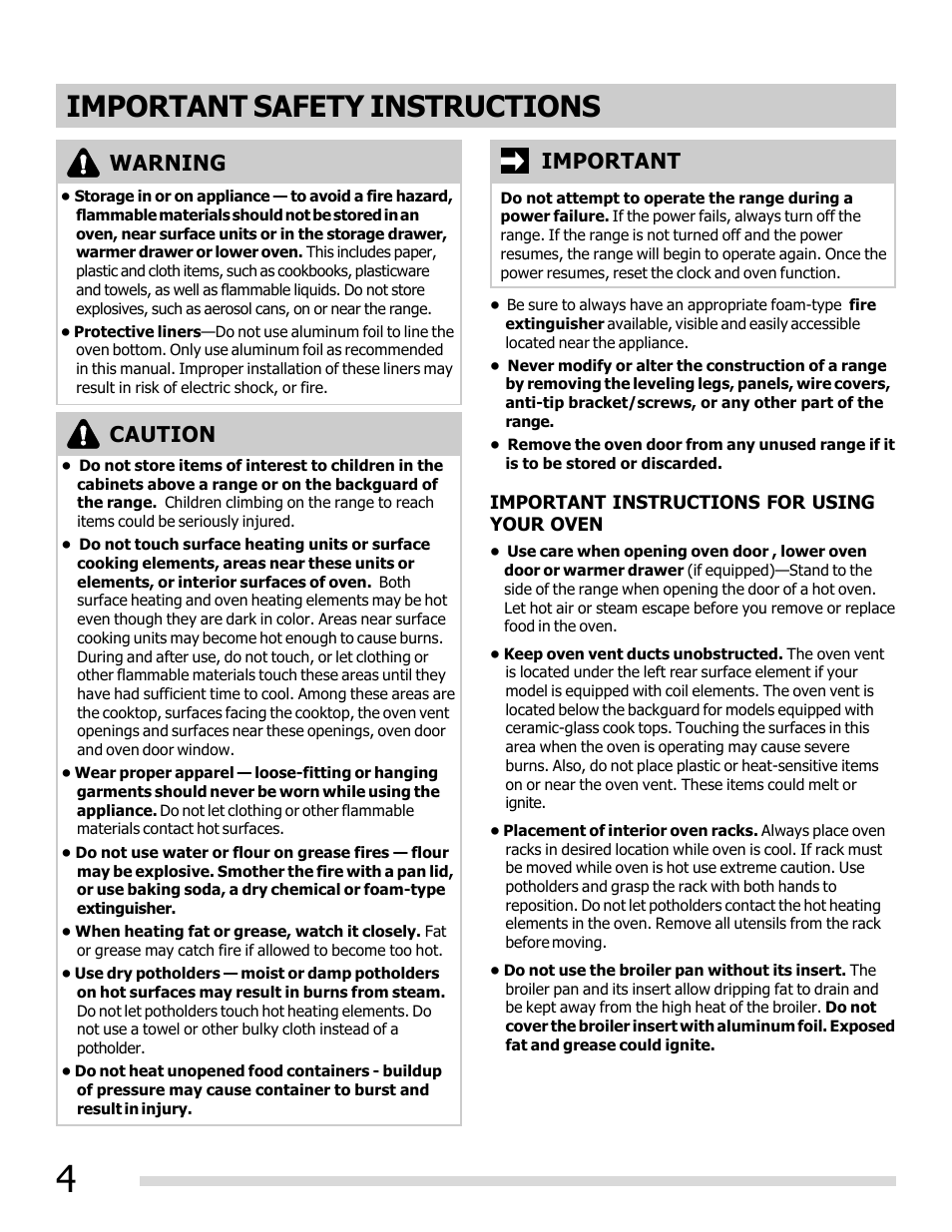 Important safety instructions, Important, Caution warning | FRIGIDAIRE FGEF3032MB User Manual | Page 4 / 36