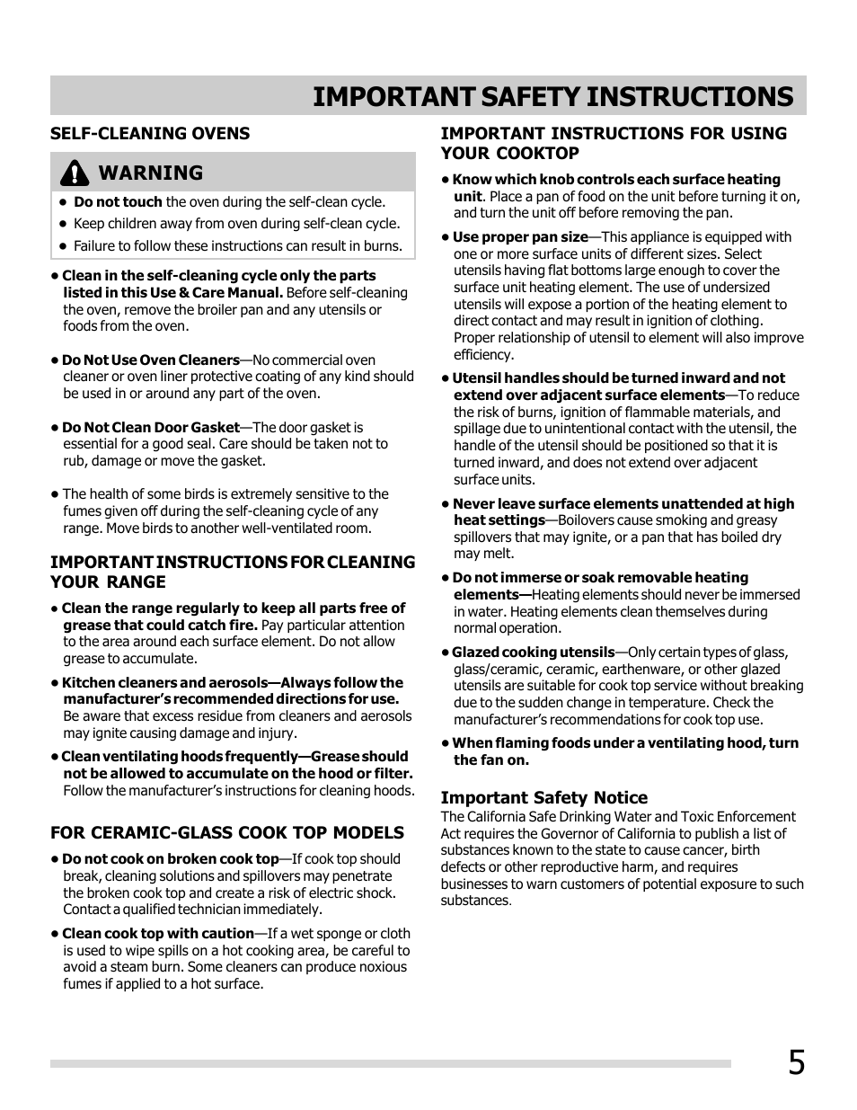 Important safety instructions, Warning | FRIGIDAIRE FGEF3032MB User Manual | Page 5 / 36