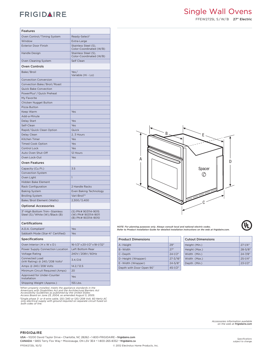 Single electric wall ovens frigidaire baseline, Single wall ovens | FRIGIDAIRE FFEW2725LW User Manual | Page 2 / 12