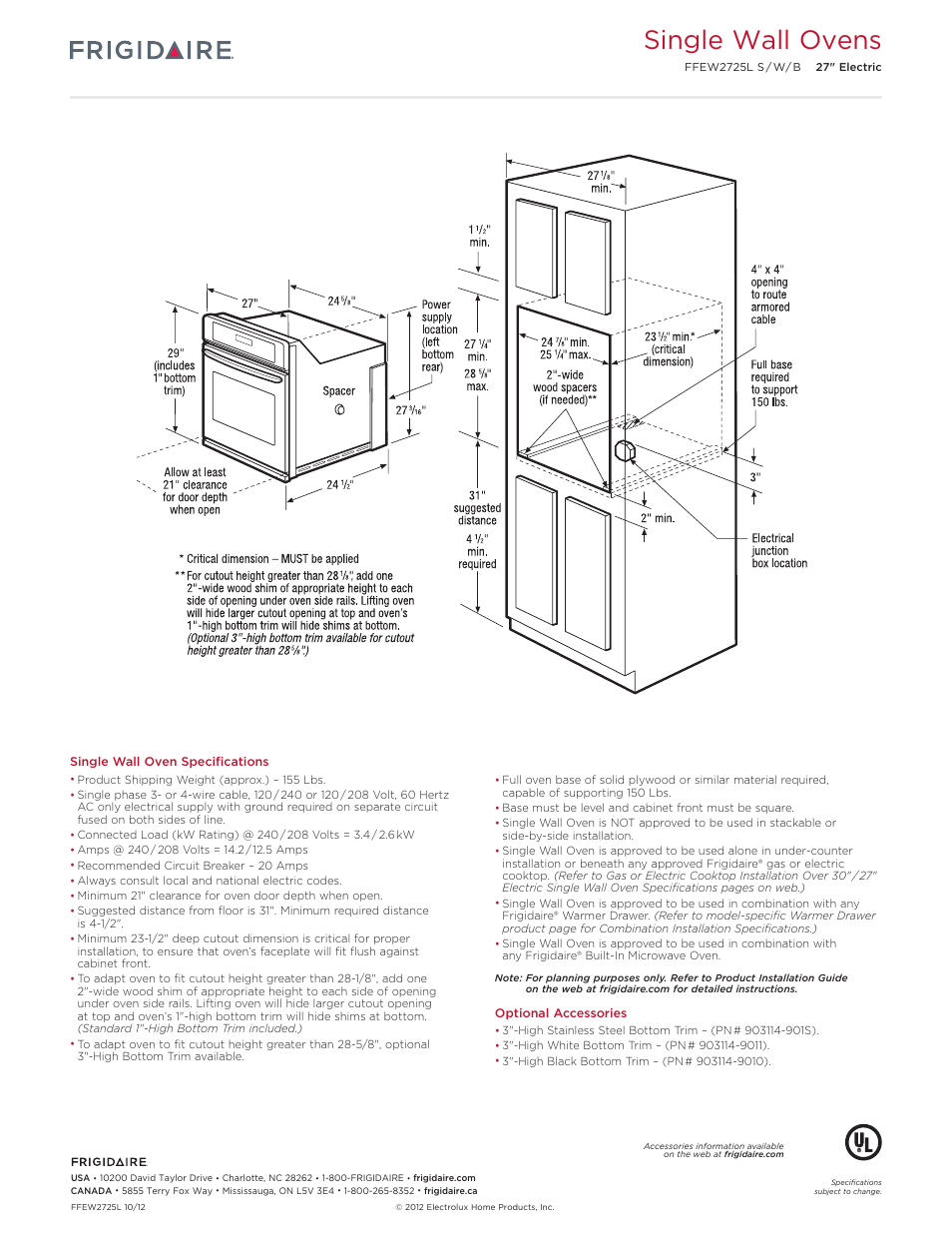 27" single electric wall oven baseline, Single wall ovens | FRIGIDAIRE FFEW2725LW User Manual | Page 3 / 12