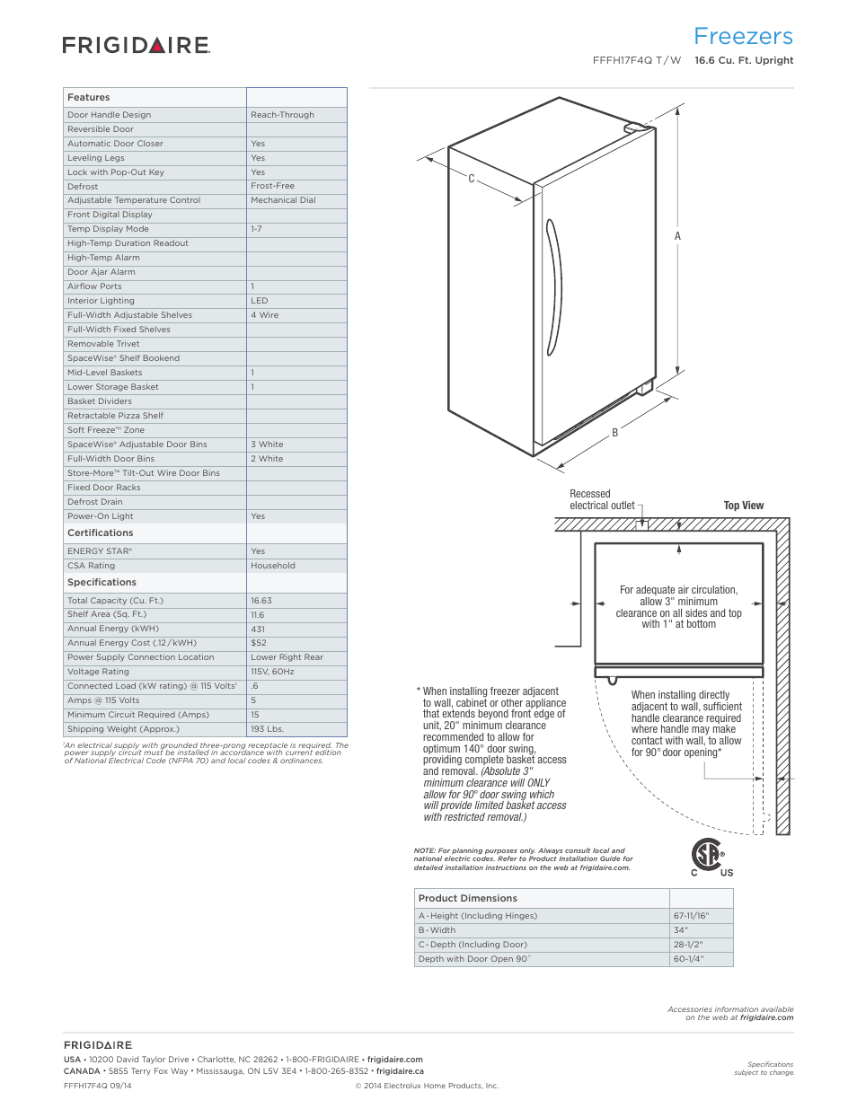 Freezers | FRIGIDAIRE FFFH17F4QW User Manual | Page 2 / 3