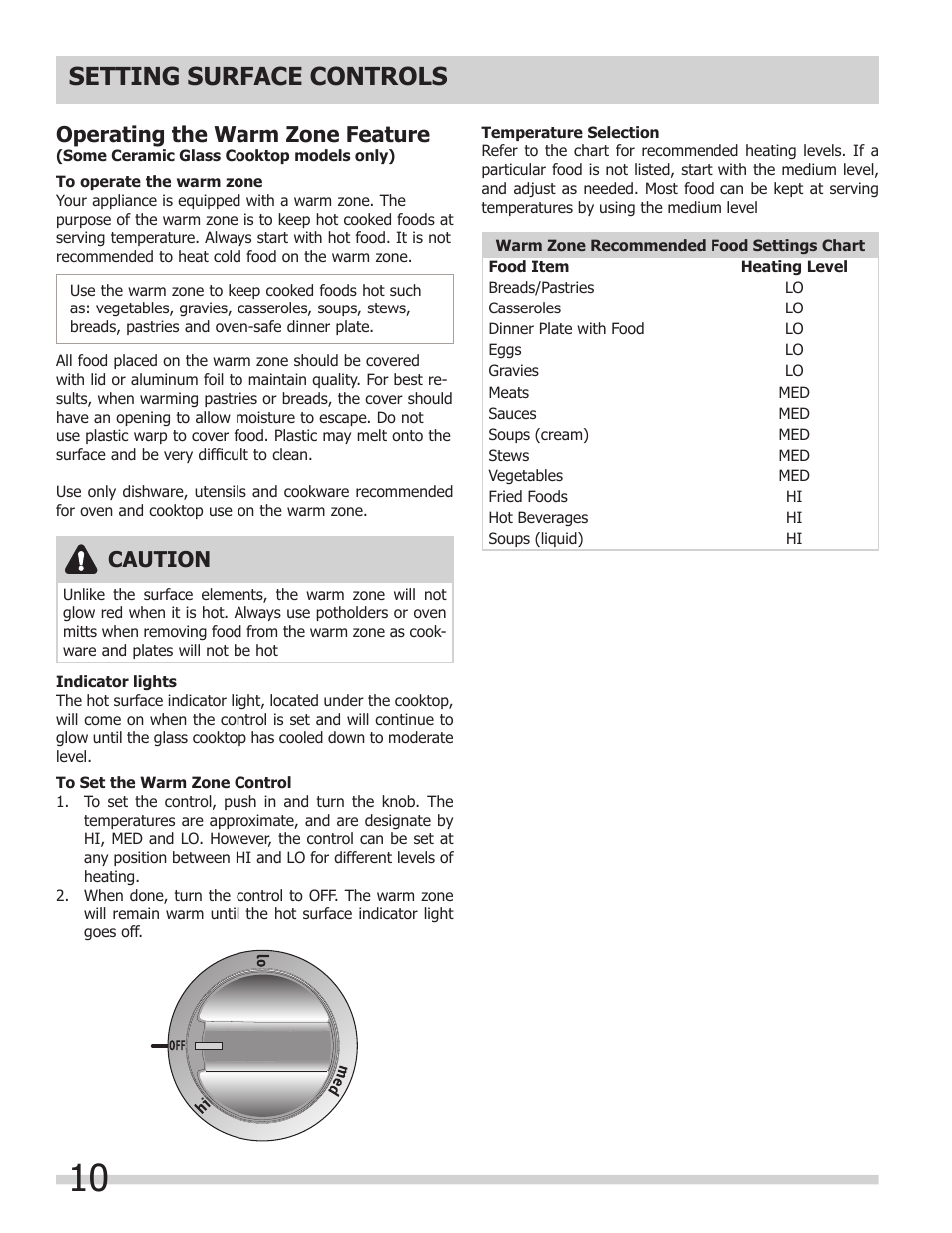 Setting surface controls, Operating the warm zone feature, Caution | FRIGIDAIRE FFEC3205LS User Manual | Page 10 / 16