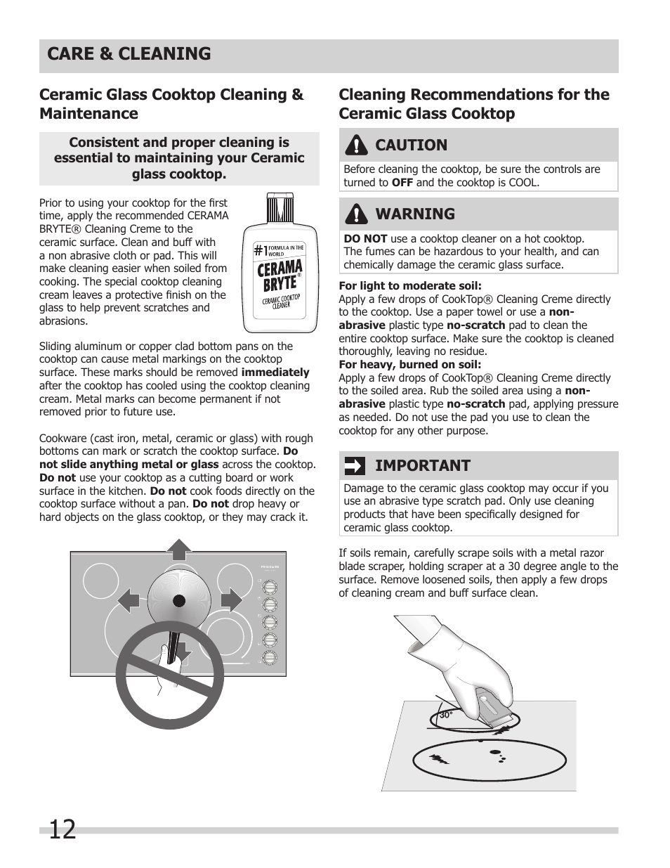 Care & cleaning, Ceramic glass cooktop cleaning & maintenance, Warning | Caution, Important | FRIGIDAIRE FFEC3205LS User Manual | Page 12 / 16