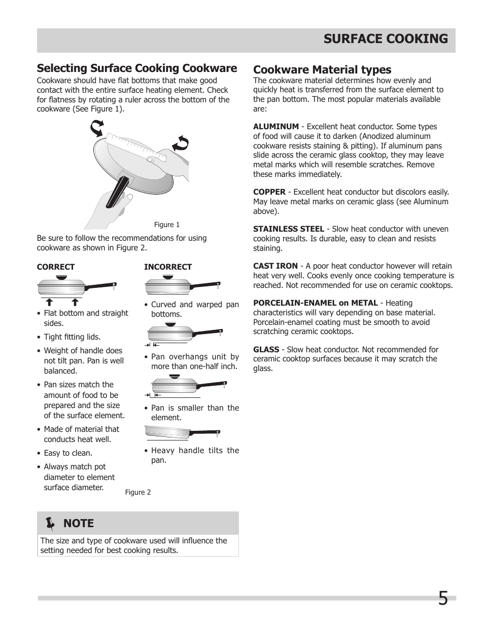Surface cooking, Selecting surface cooking cookware, Cookware material types | FRIGIDAIRE FFEC3205LS User Manual | Page 5 / 16