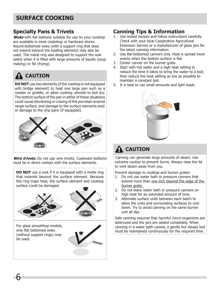 Surface cooking, Specialty pans & trivets, Caution | Canning tips & information | FRIGIDAIRE FFEC3205LS User Manual | Page 6 / 16