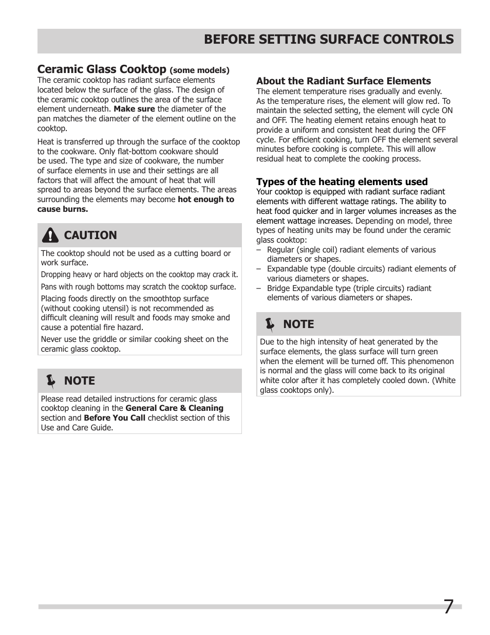 Before setting surface controls, Ceramic glass cooktop, Caution | FRIGIDAIRE FFEC3205LS User Manual | Page 7 / 16